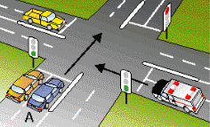 category general-knowledge - You are approaching a green light in vehicle A. An ambulance sounding its siren is approaching the same intersection and has a red light. You should: