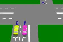 category intersections - If both vehicles P and O in the diagram are turning right, which vehicle is in the best position to turn left into the street marked 'X'?