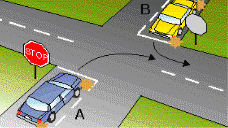 category intersections - You drive up to an intersection with a stop sign in the car marked A and you wish to turn right. The car marked B facing you also has a stop sign and is indicating to turn left. Who can go first?