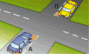 category intersections - You are in car A and want to turn right at this intersection. Car B facing you is also indicating to turn right. What path should you take?