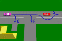 Which movements shown in the diagram can legally be made by the driver of the purple car? - Which movements shown in the diagram can legally be made by the driver of the purple car?