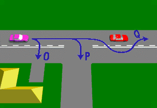 Which movements shown in the diagram can legally be made by the driver of the purple car? - Which movements shown in the diagram can legally be made by the driver of the purple car?