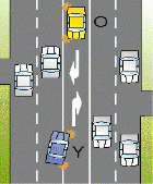 category traffic-lights-lanes - You are in car marked Y and want to turn right using a median turning lane. A car marked O, coming towards you, is already in the median lane; it is slowing down and indicating. Are you permitted to enter and share the median turning lane?