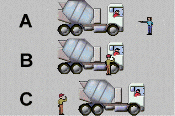 category general-knowledge - Many accidents occur when heavy vehicles are reversing. Look at the three diagrams. In which diagram is a helper (guide) best placed to guide you?