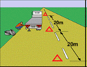 category general-knowledge - The vehicle in the diagram is over 12 tonnes GVM and has broken down on a country road. Has the driver placed the warning signs correctly?