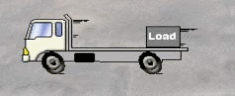 category load-restraint - The truck shown in the diagram is braking heavily. In what direction will the unrestrained load on the truck tray move?