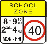 category speed-limits - It is 9.20am on a school day. You are driving at 60 km/h, the same speed as traffic around you. You pass this sign but the other cars do not slow down much. What should you do?